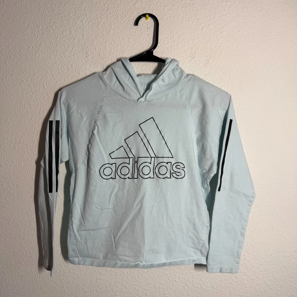 Adidas Hoodie Girl Medium 10/12 Light Blue Graphic Print Spellout Logo Loose Fit